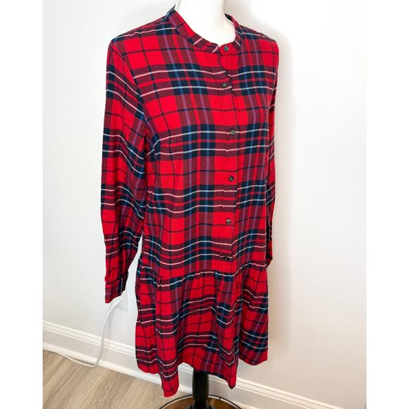 GAP Plaid Flannel Tiered Skirt Shirt Dress In Red Size Medium Tall - Picture 5 of 11